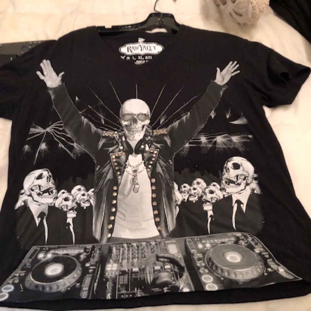 Raw Yalty Vintage Couture Black T-Shirt with Skull, Studs, and Rhinestones